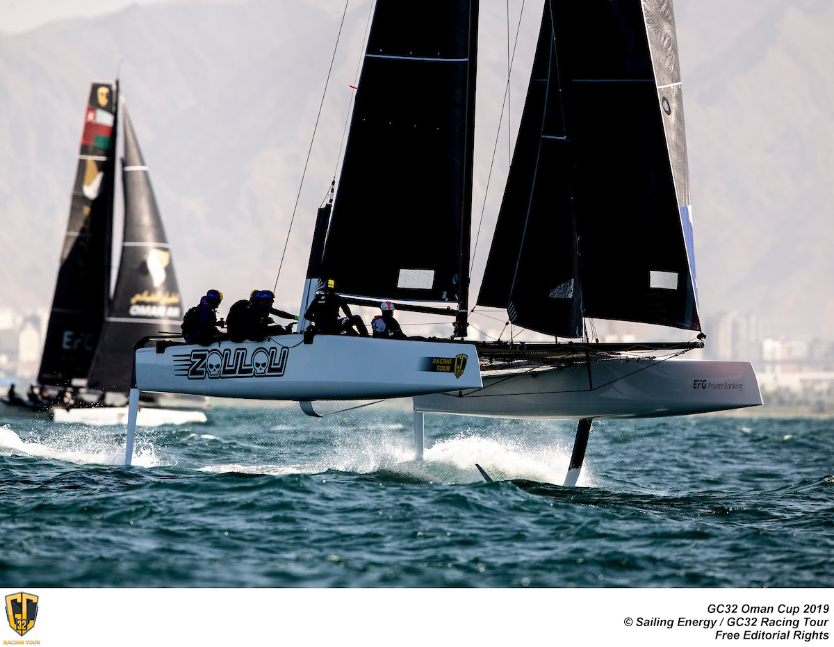 Zoulou warriors beat the drum in GC32 Oman Cup, Alinghi holed on her port side